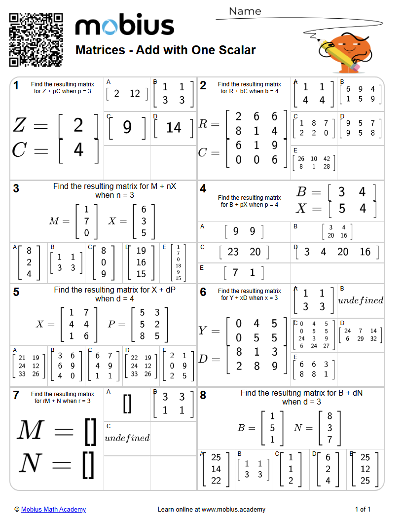 Add with One Scalar (Level 1) | Matrices | Grade 12 Math Worksheets ...