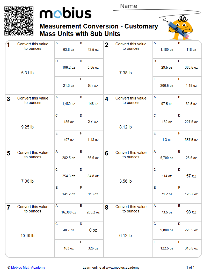 Measurement Conversion - Customary Mass Units with Sub Units (Level 1 ...
