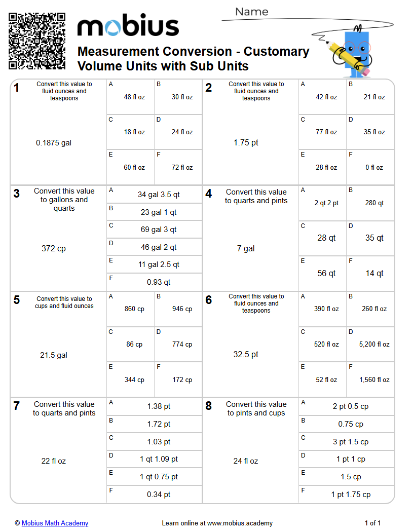 Measurement Conversion - Customary Volume Units with Sub Units | Level ...