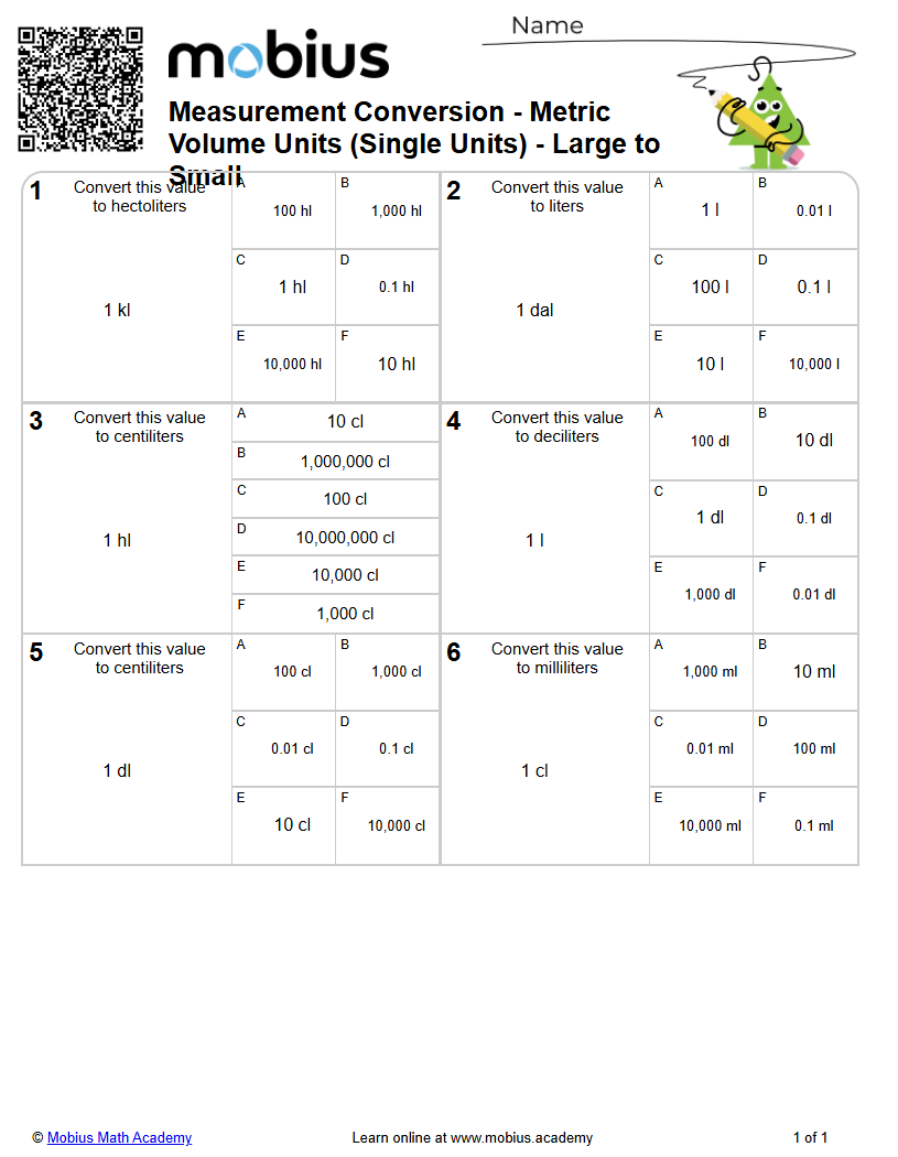 Level 1 | Metric Units | Grades 7-8 Math Worksheets - Mobius Math Academy