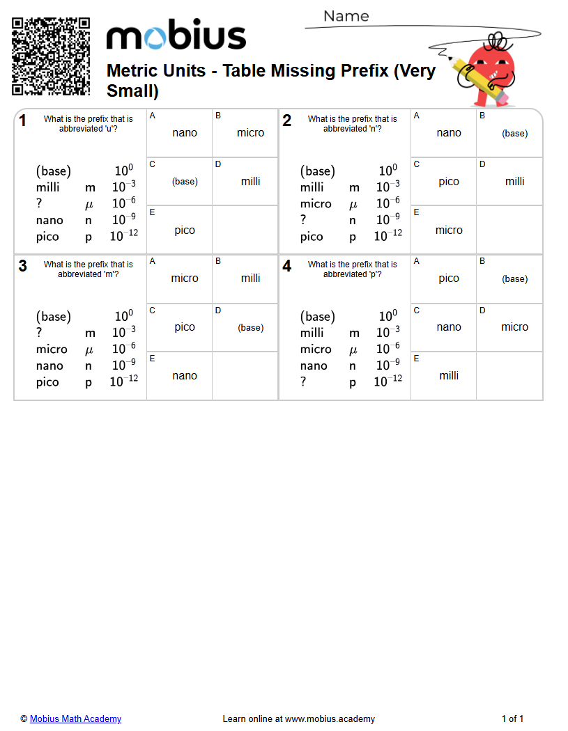 Metric Units - Table Missing Prefix (Very Small) (Level 1) - Mobius ...