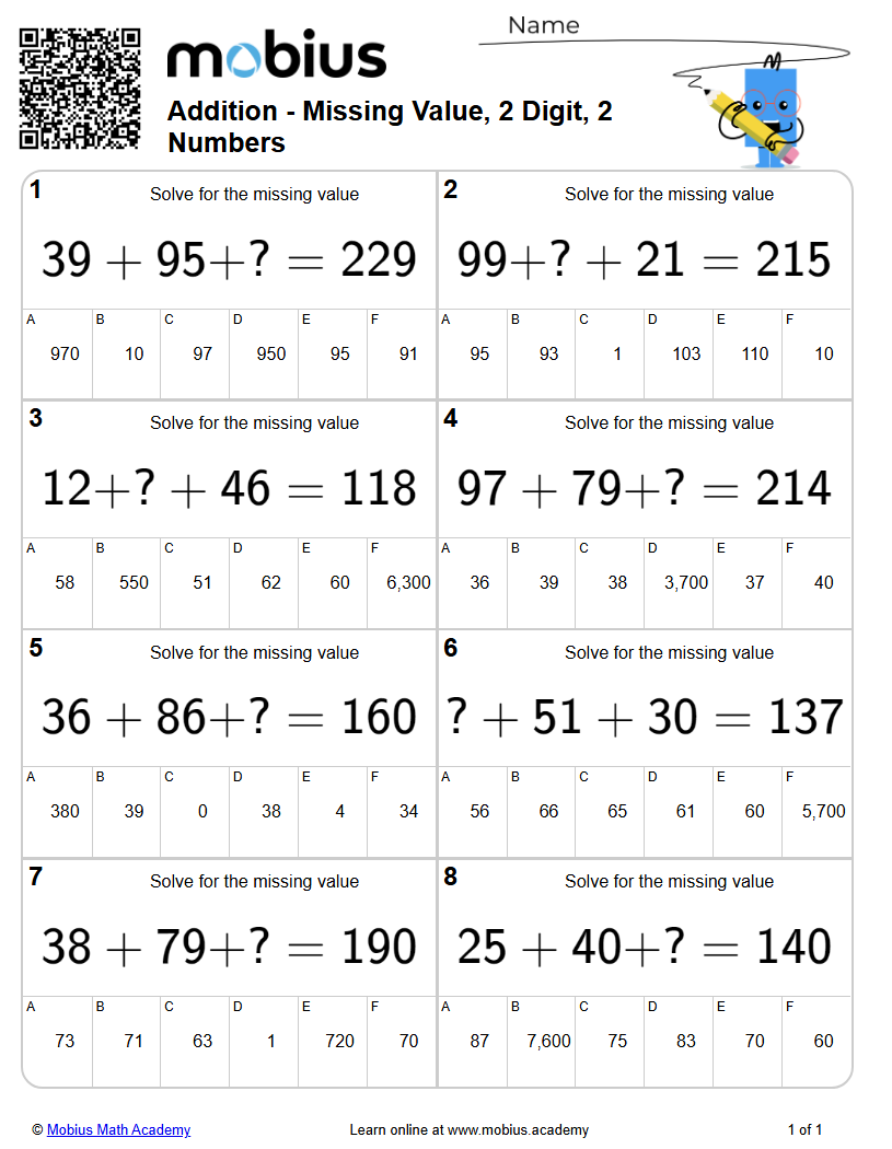 Level 1 | Addition and Subtraction | Grade 5 Math Worksheets - Mobius ...