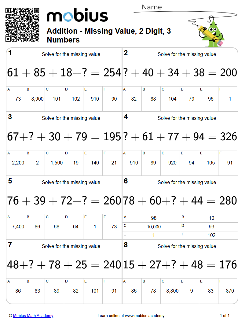 Addition - Missing Value, 2 Digit, 3 Numbers (Level 1) - Mobius Math ...
