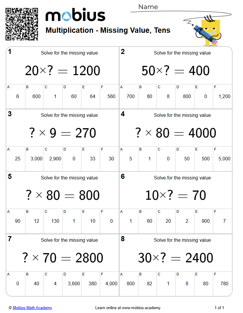 Multiplication | Missing Value, Tens (Level 2) | Grades 4-7 Math ...