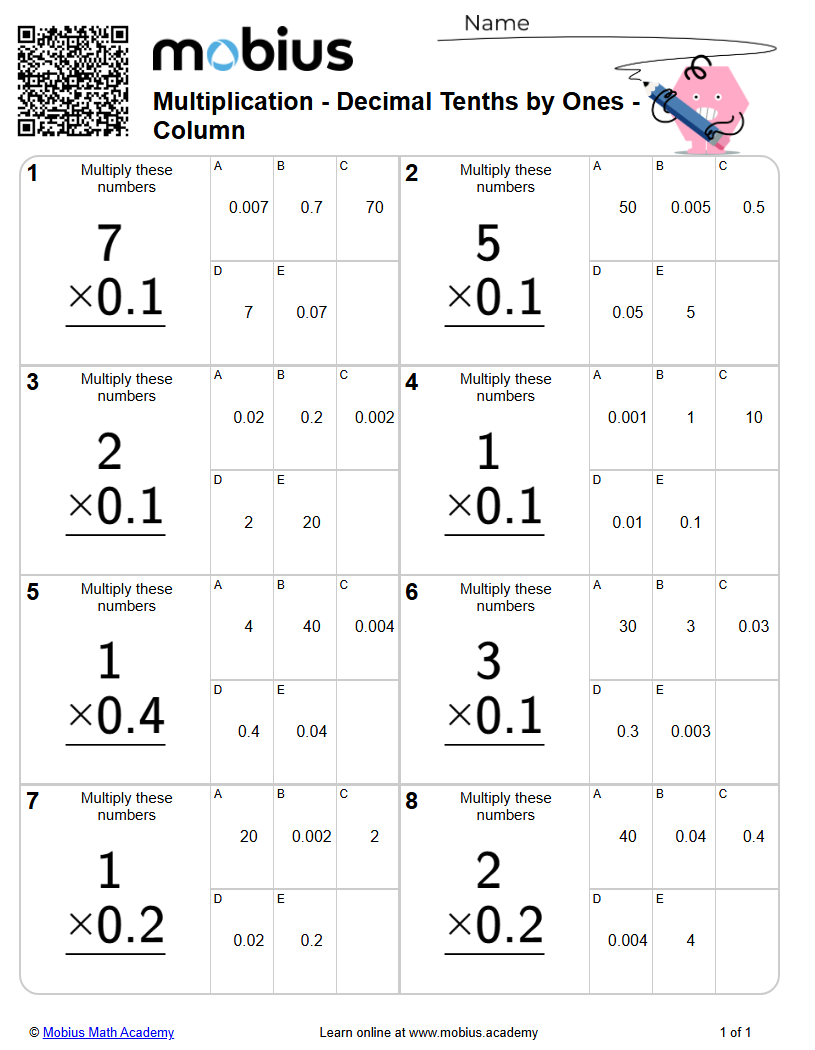 Decimal Tenths by Ones - Column (Level 1) | Percentages | Grades 4-7 ...