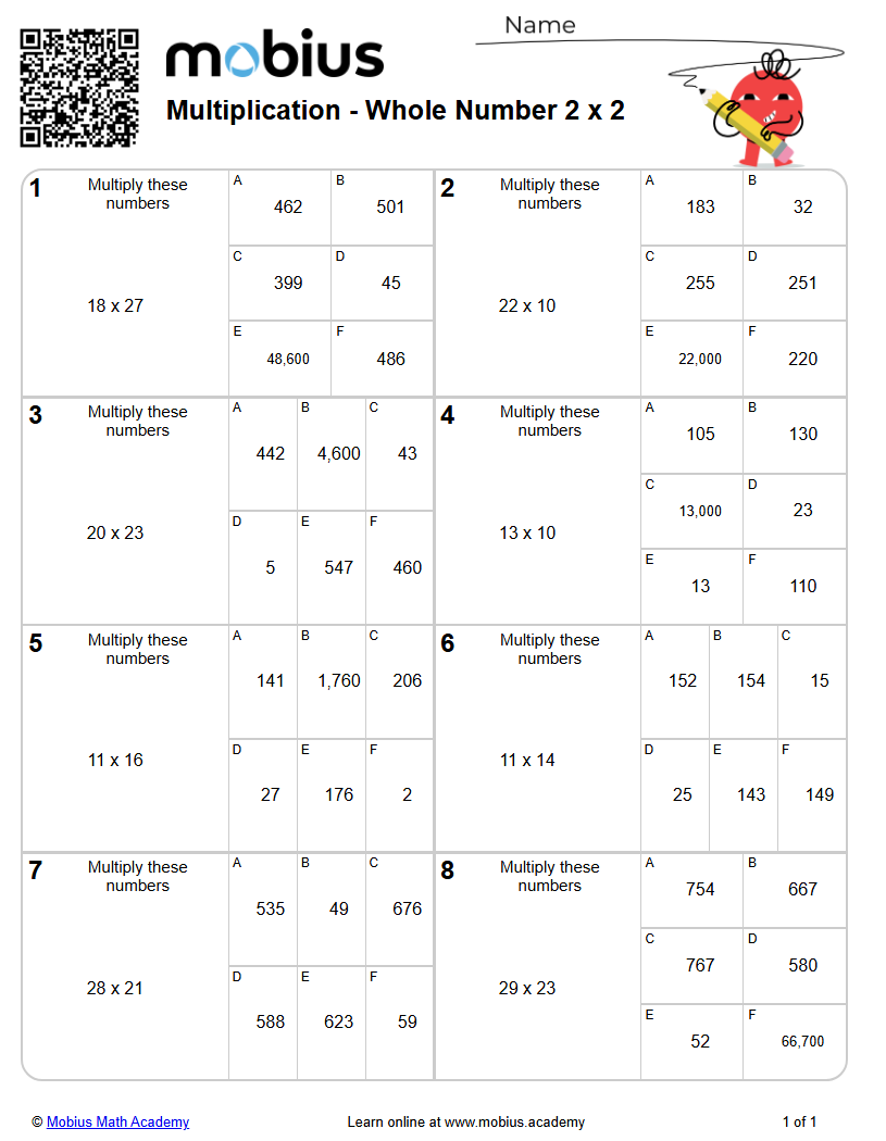 Multiplication | Whole Number 2 x 2 (Level 1) | Grade 7 Math Worksheets ...
