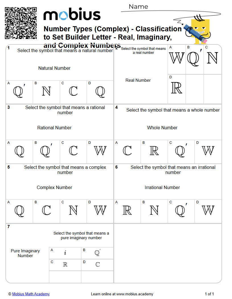 Number Types (Complex) - Classification to Set Builder Letter - Real ...