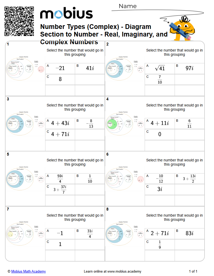 Level 1 | Complex Numbers | Grade 10 Math Worksheets - Mobius Math Academy