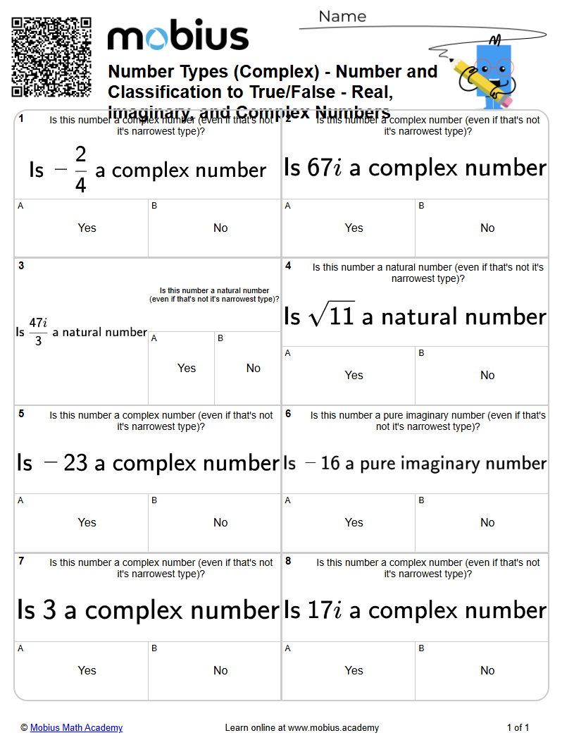 Level 1 | Complex Numbers | Grade 10 Math Worksheets - Mobius Math Academy