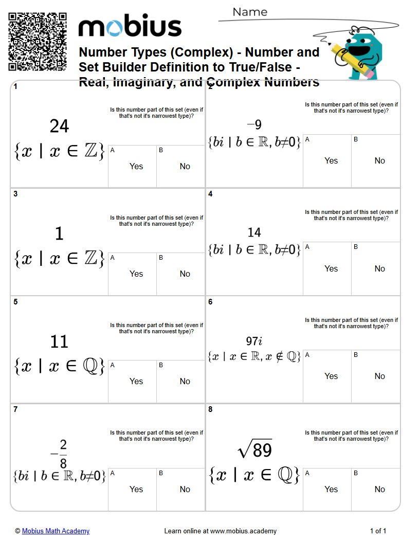 Level 1 | Complex Numbers | Grade 10 Math Worksheets - Mobius Math Academy