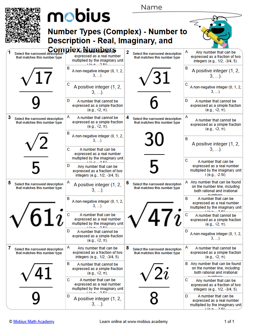 Level 2 | Complex Numbers | Grade 10 Math Worksheets - Mobius Math Academy