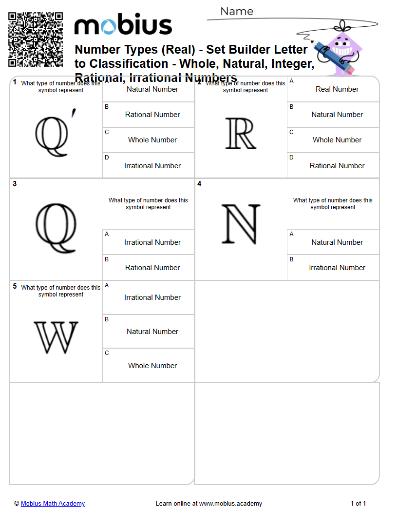 Number Types (Real) - Set Builder Letter to Classification - Whole ...