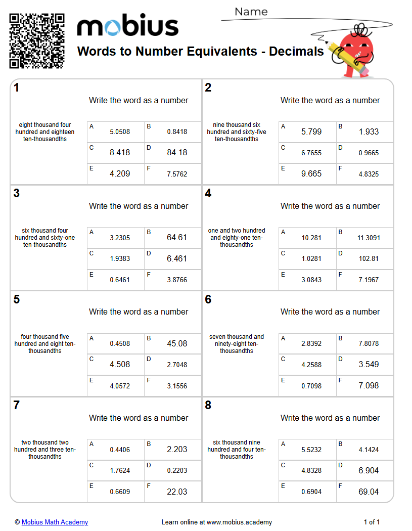 Level 4 | Fractions/Decimals | Grades 5-6 Math Worksheets - Mobius Math ...
