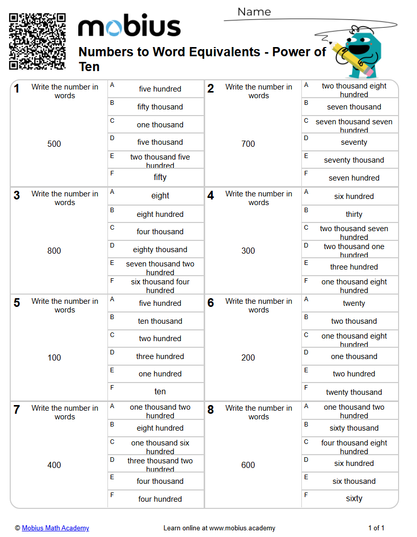 Numbers to Word Equivalents - Power of Ten | Level 2 | Grades 1-6 Math ...