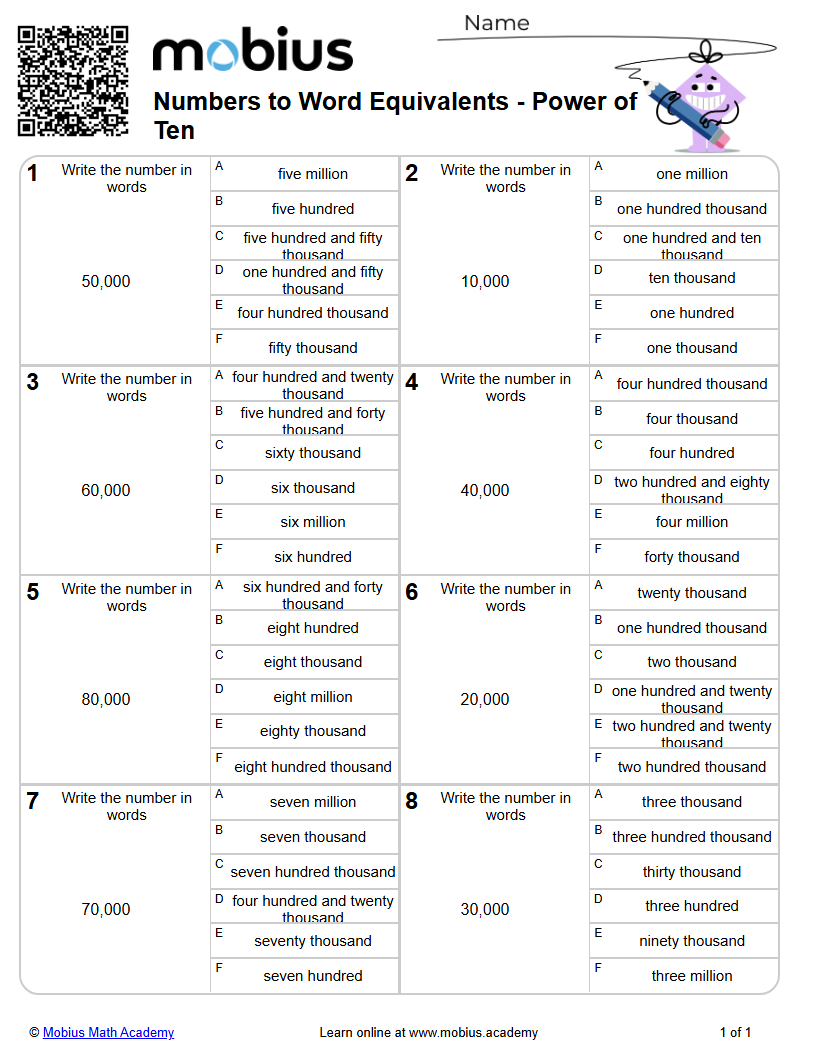 Numbers to Word Equivalents - Power of Ten | Level 4 | Grades 1-6 Math ...