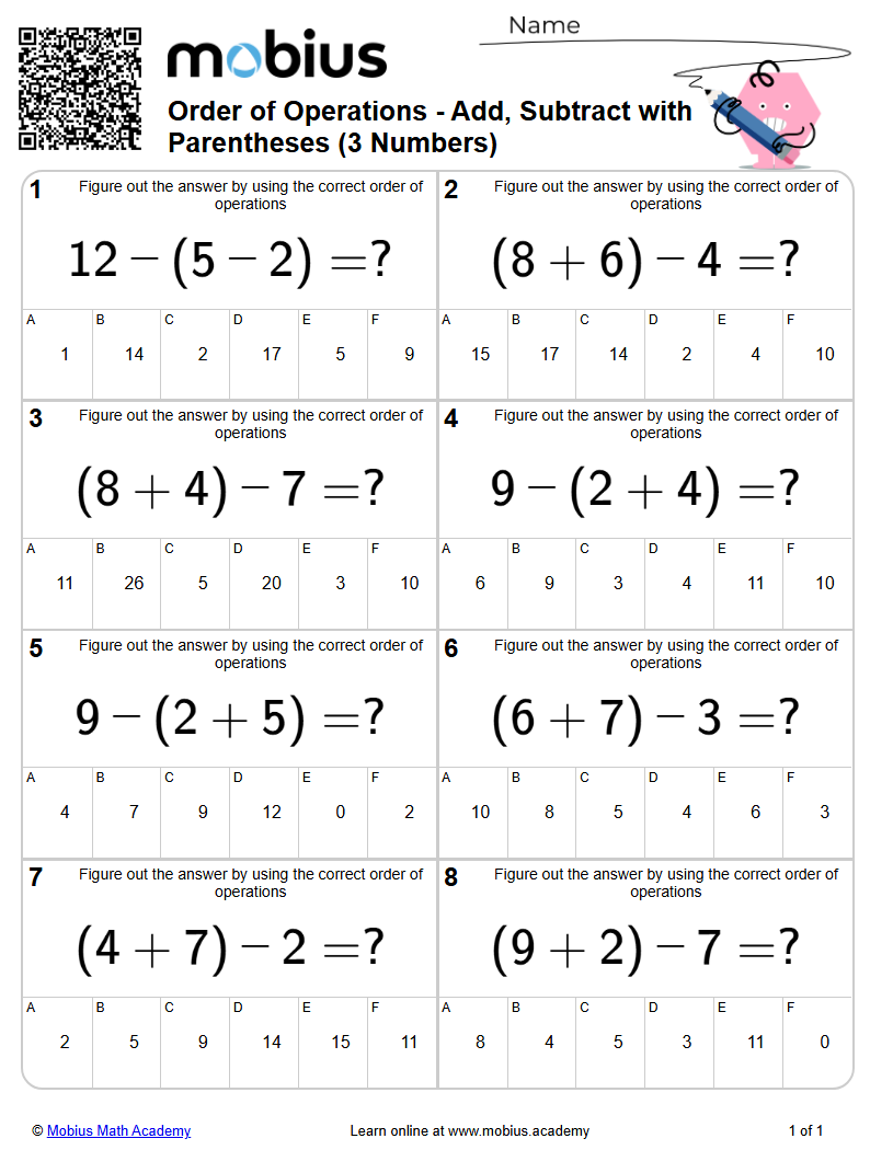Order of Operations | Add, Subtract with Parentheses (3 Numbers) (Level ...