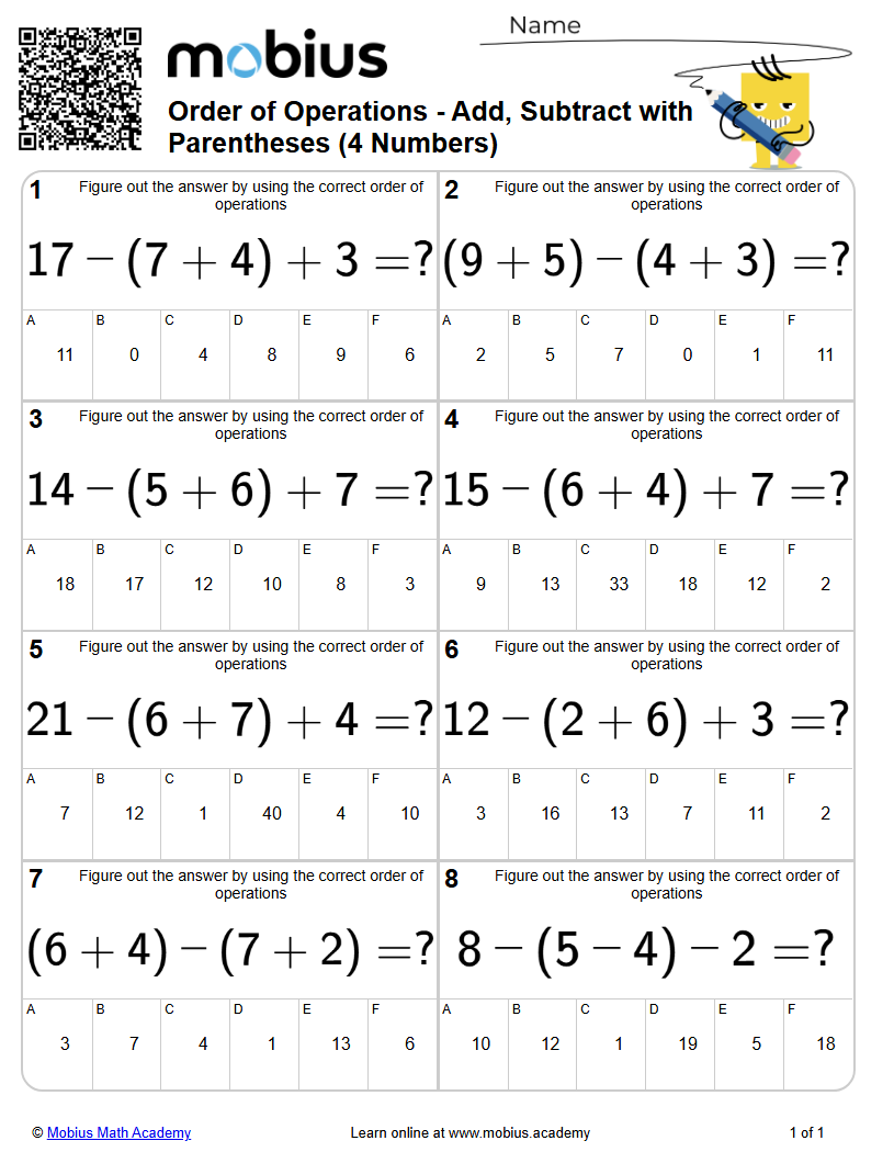 Order of Operations - Add, Subtract with Parentheses (4 Numbers) (Level ...