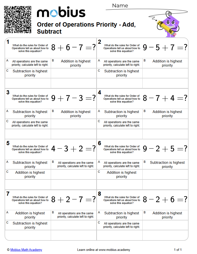 Order of Operations Priority - Add, Subtract | Level 1 | Grades 7-8 ...