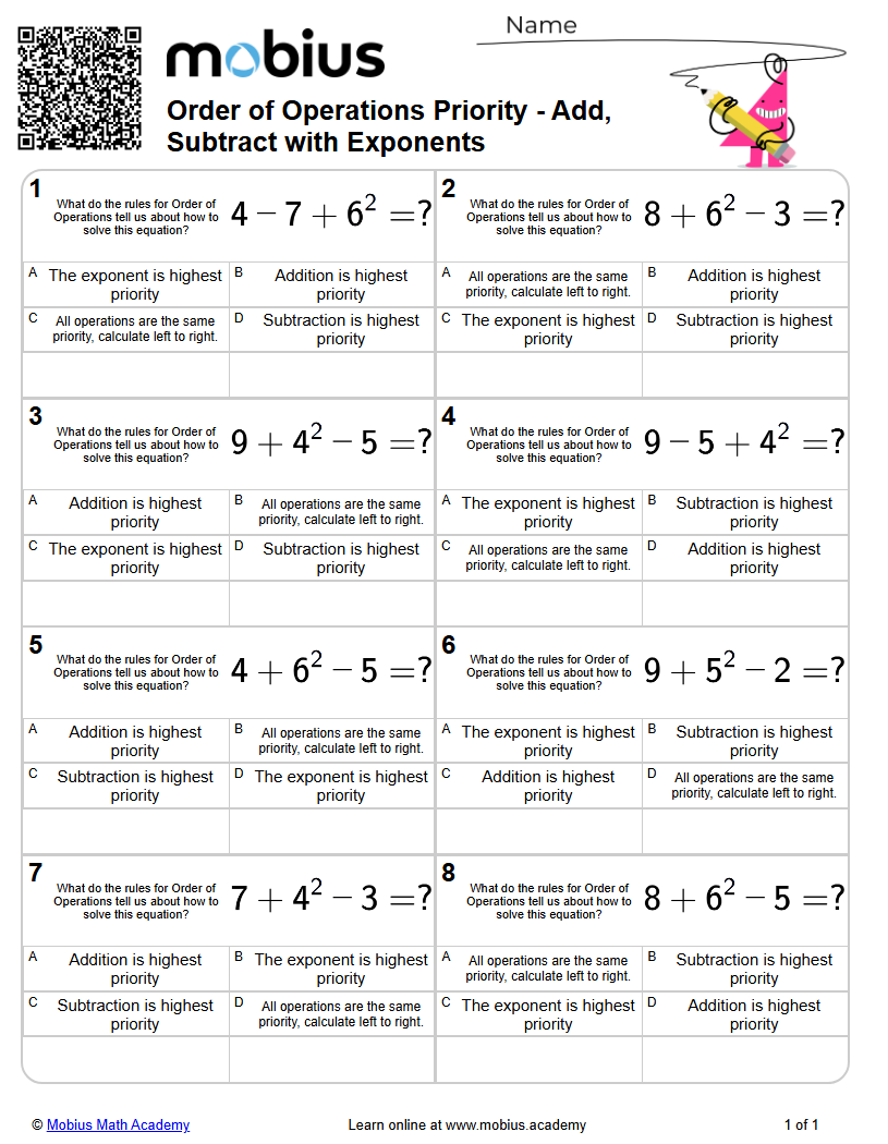 Order of Operations Priority - Add, Subtract with Exponents (Level 1 ...