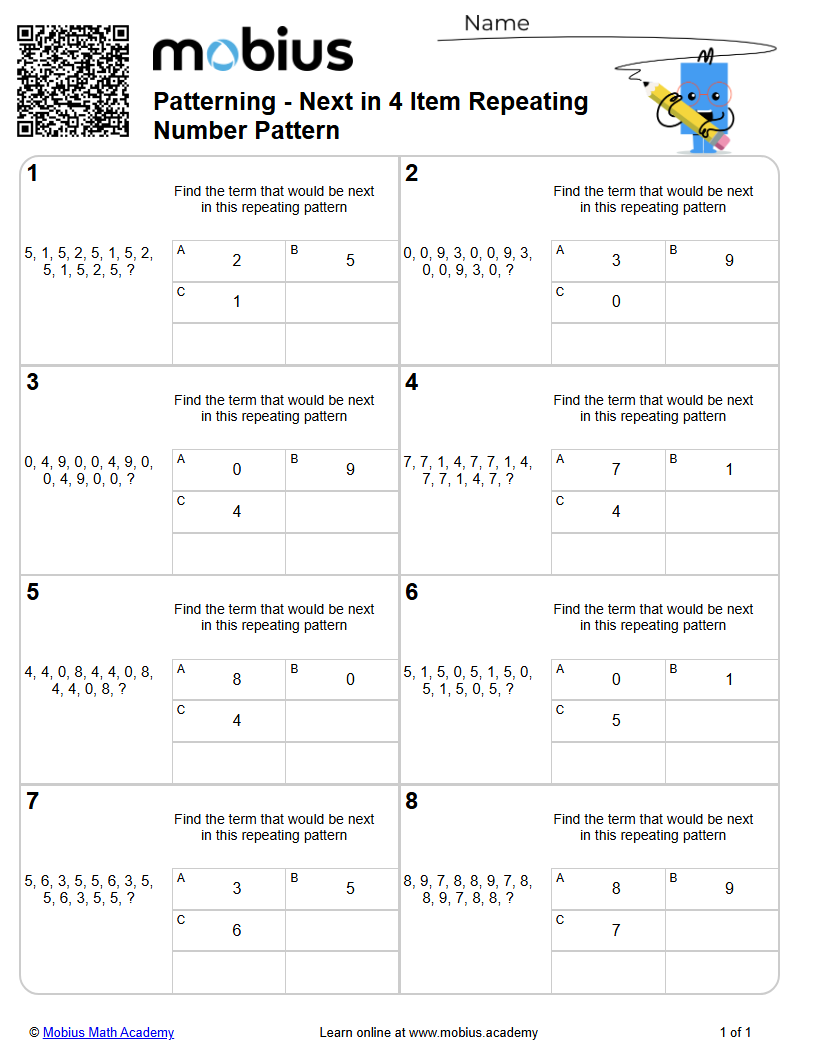 Next in 4 Item Repeating Number Pattern (Level 2) | Patterning | Grades ...