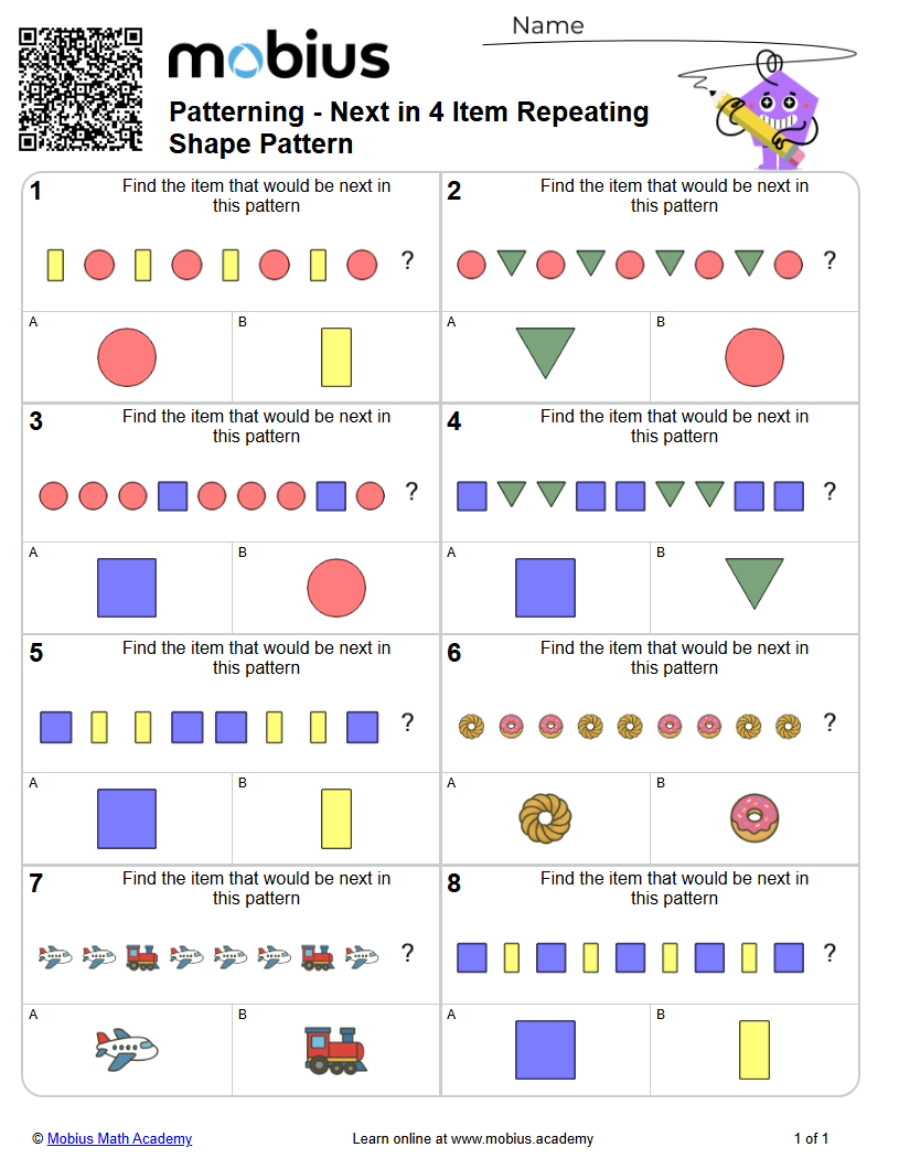 Next in 4 Item Repeating Shape Pattern (Level 1) | Visual Patterning ...