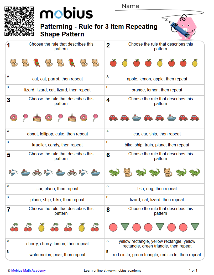 Patterning - Rule for 3 Item Repeating Shape Pattern (Level 1) - Mobius ...