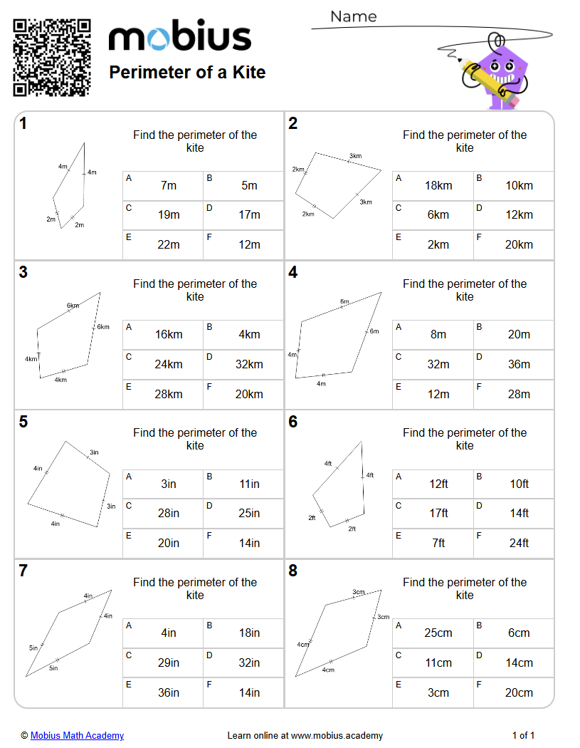 Perimeter of a Kite | Level 1 | Grades 5-7 Math Worksheets - Mobius ...