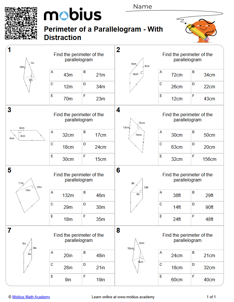 Perimeter of a Parallelogram - With Distraction (Level 3) - Mobius Math ...