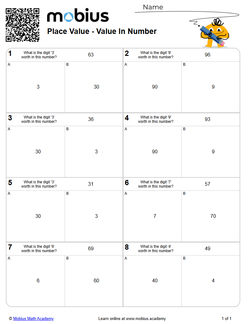 Level 1 | Place Value | Grades 1-6 Math Worksheets - Mobius Math Academy