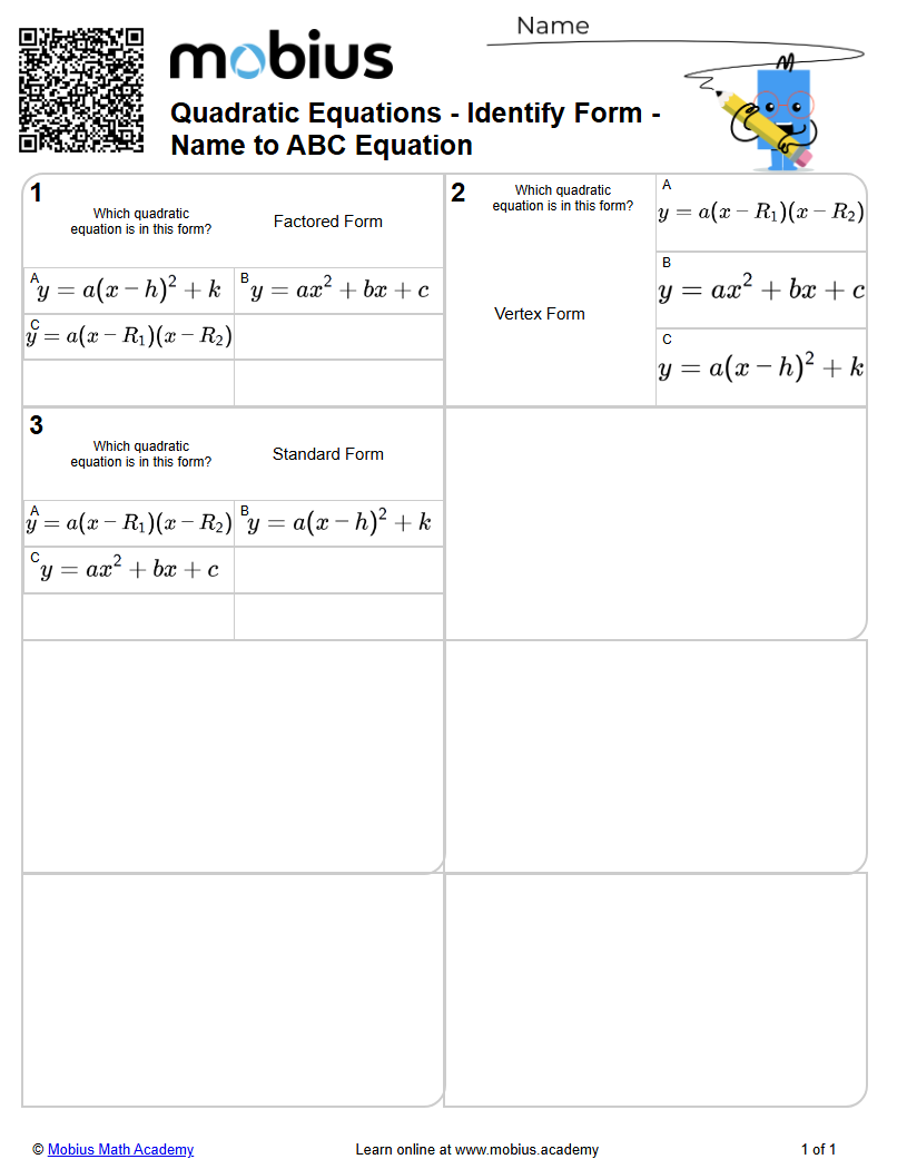 Quadratic Equations - Identify Form - Name to ABC Equation | Level 1 ...