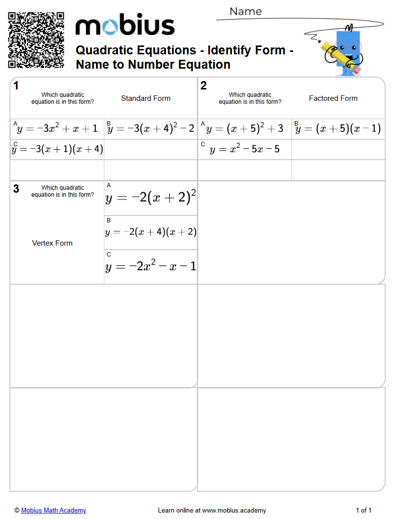 Quadratic Equations - Identify Form - Name to Number Equation (Level 1 ...