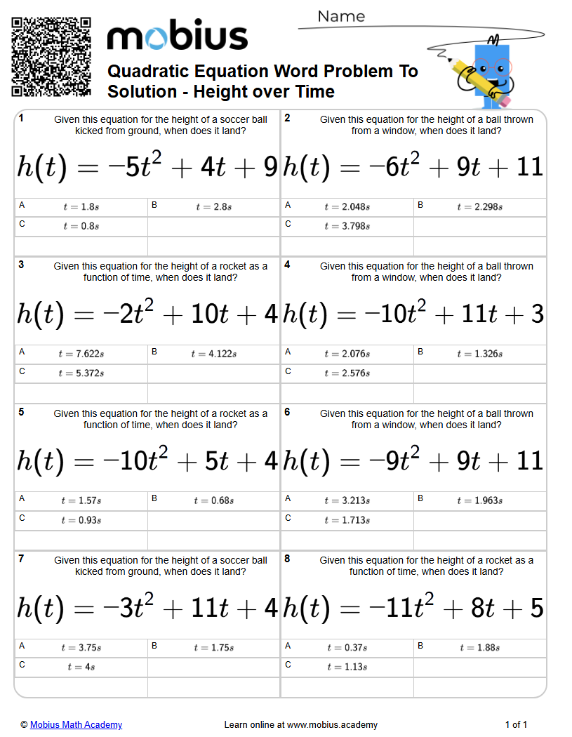 Level 1 | Algebra | Grade 11 Math Worksheets - Mobius Math Academy