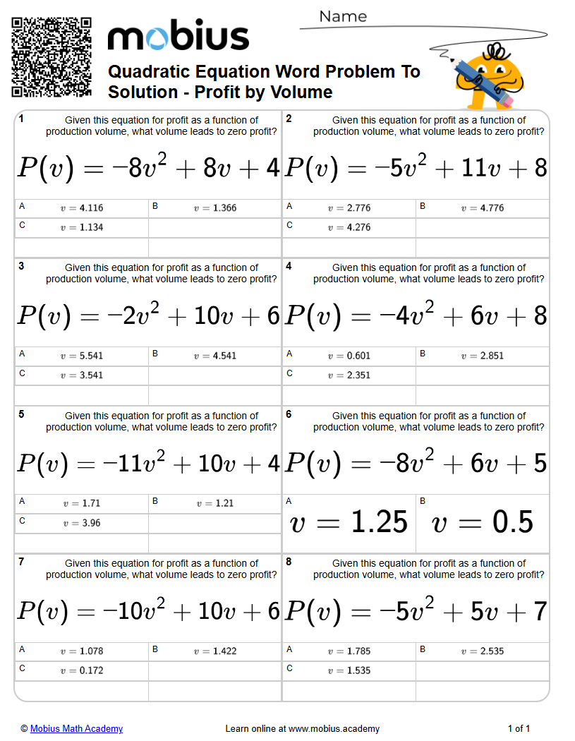 Level 1 | Algebra | Grade 11 Math Worksheets - Mobius Math Academy