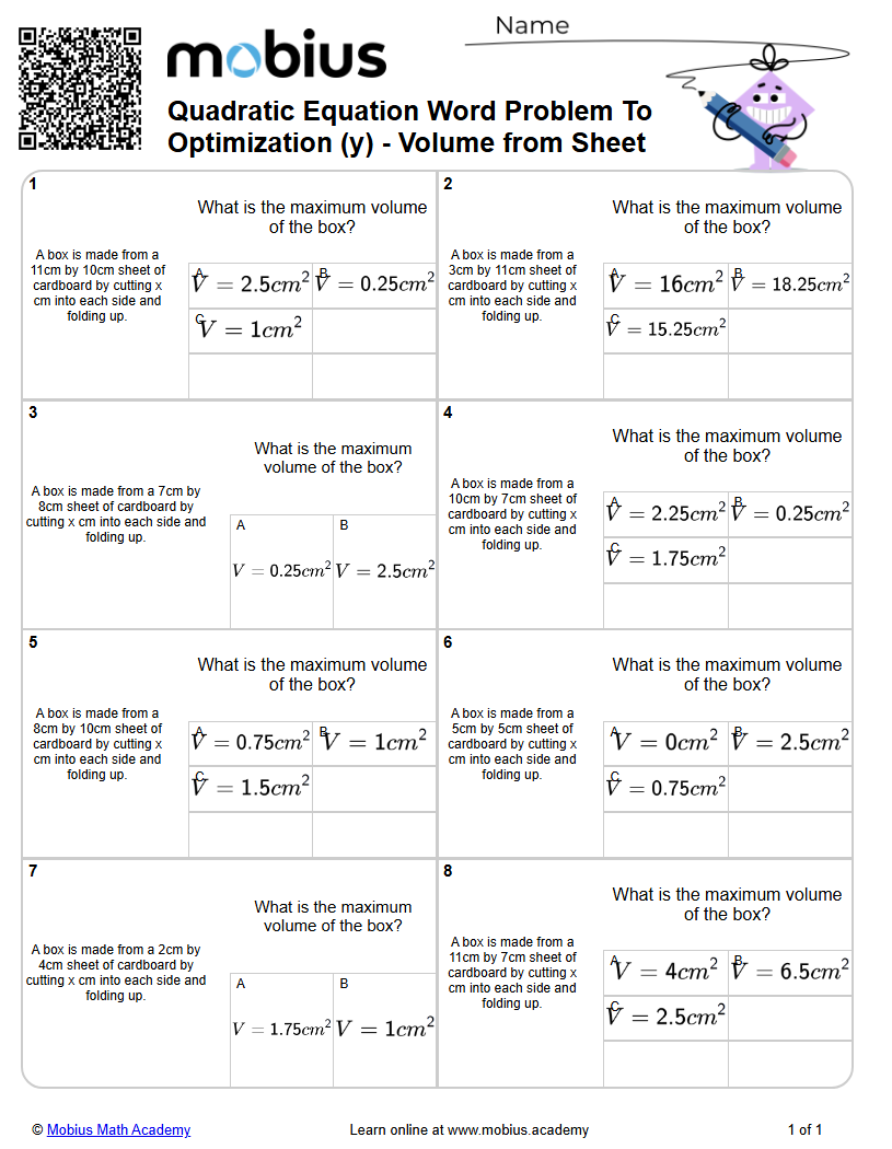 Quadratic Equation Word Problem To Optimization (y) - Volume from Sheet ...