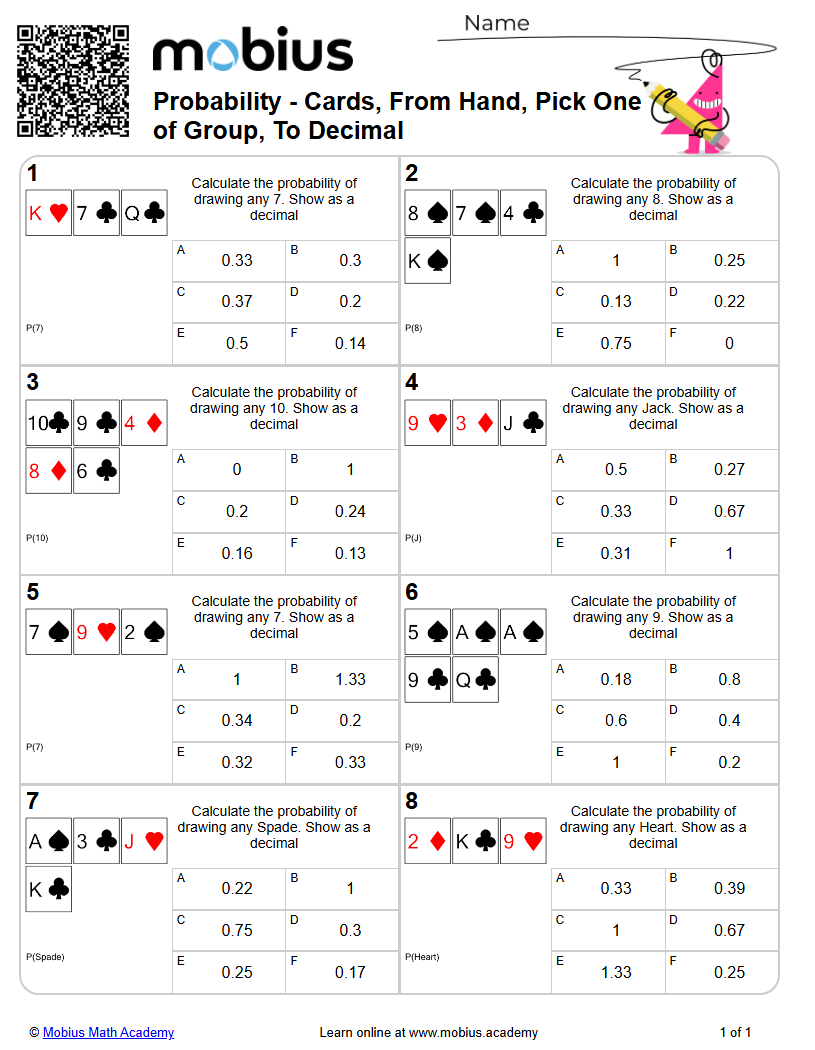 Probability - Cards, From Hand, Pick One of Group, To Decimal (Level 1 ...