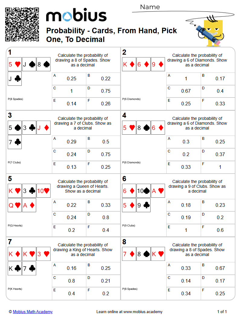 Probability - Cards, From Hand, Pick One, To Decimal (Level 1) - Mobius ...