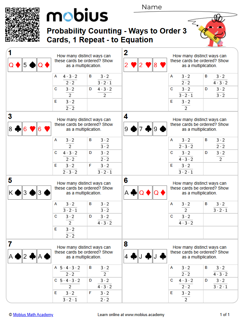 Probability Counting - Ways to Order 3 Cards, 1 Repeat - to Equation ...