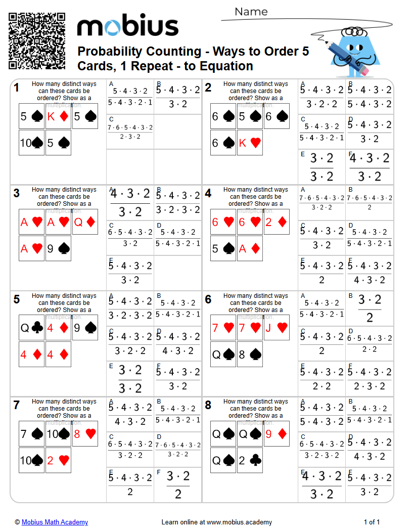 Probability Counting - Ways to Order 5 Cards, 1 Repeat - to Equation ...