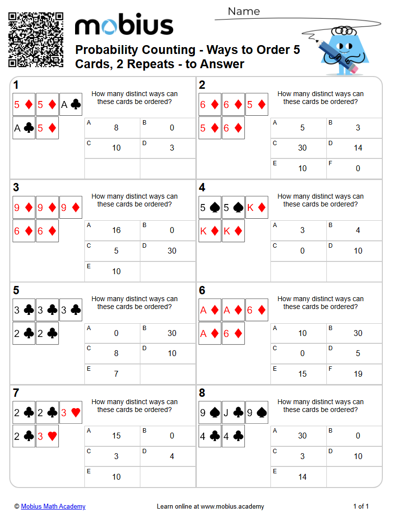 Probability Counting - Ways to Order 5 Cards, 2 Repeats - to Answer ...