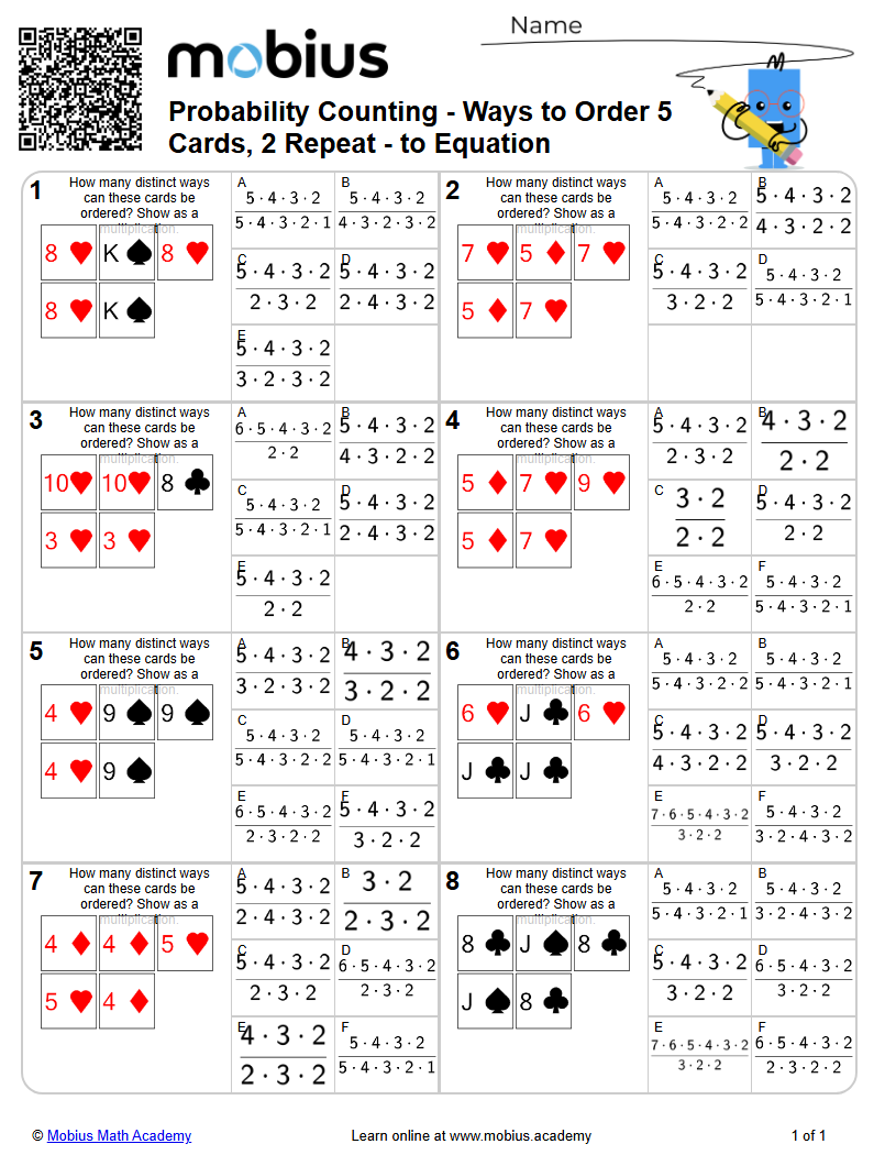 Ways to Order 5 Cards, 2 Repeat - to Equation (Level 1) | Probability ...