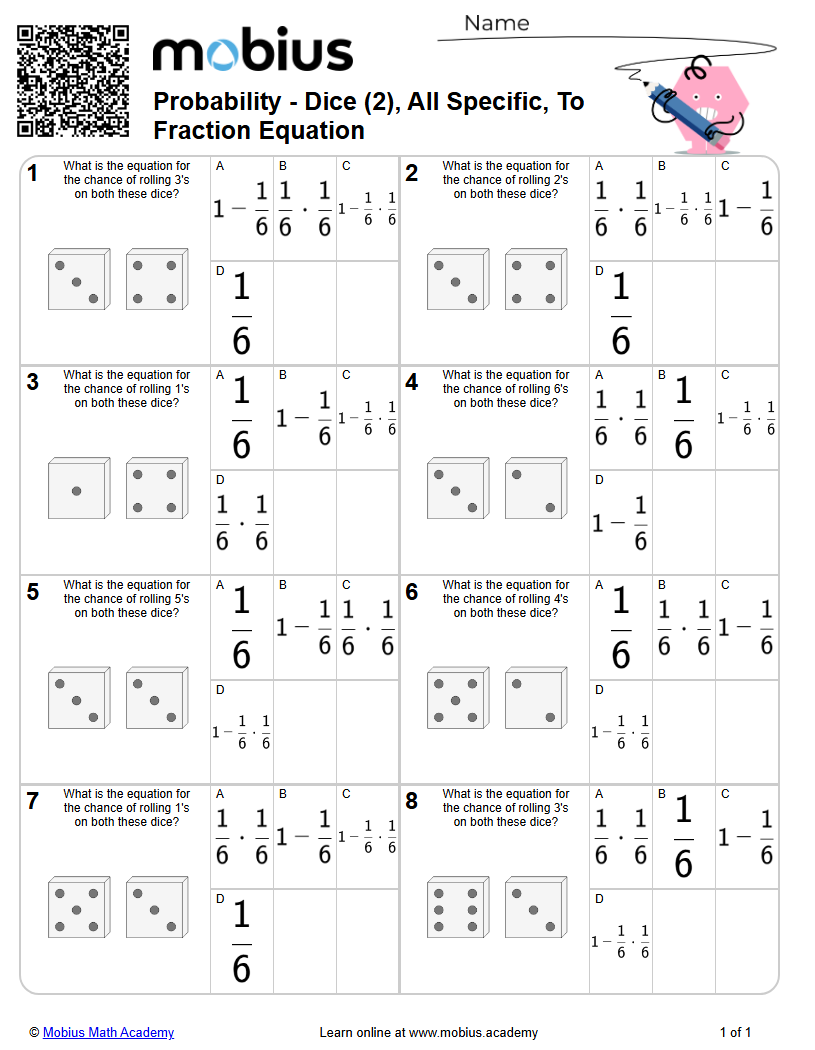 Dice (2), All Specific, To Fraction Equation (Level 1) | Probability ...