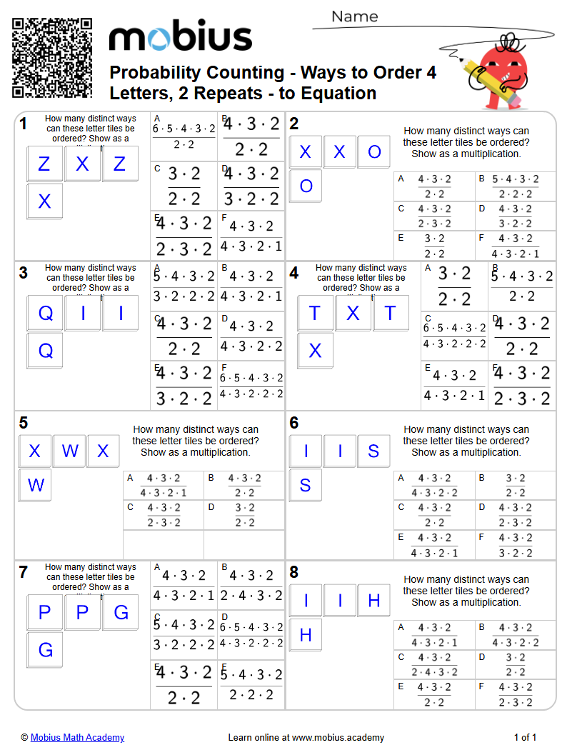 Probability Counting | Ways to Order 4 Letters, 2 Repeats - to Equation ...