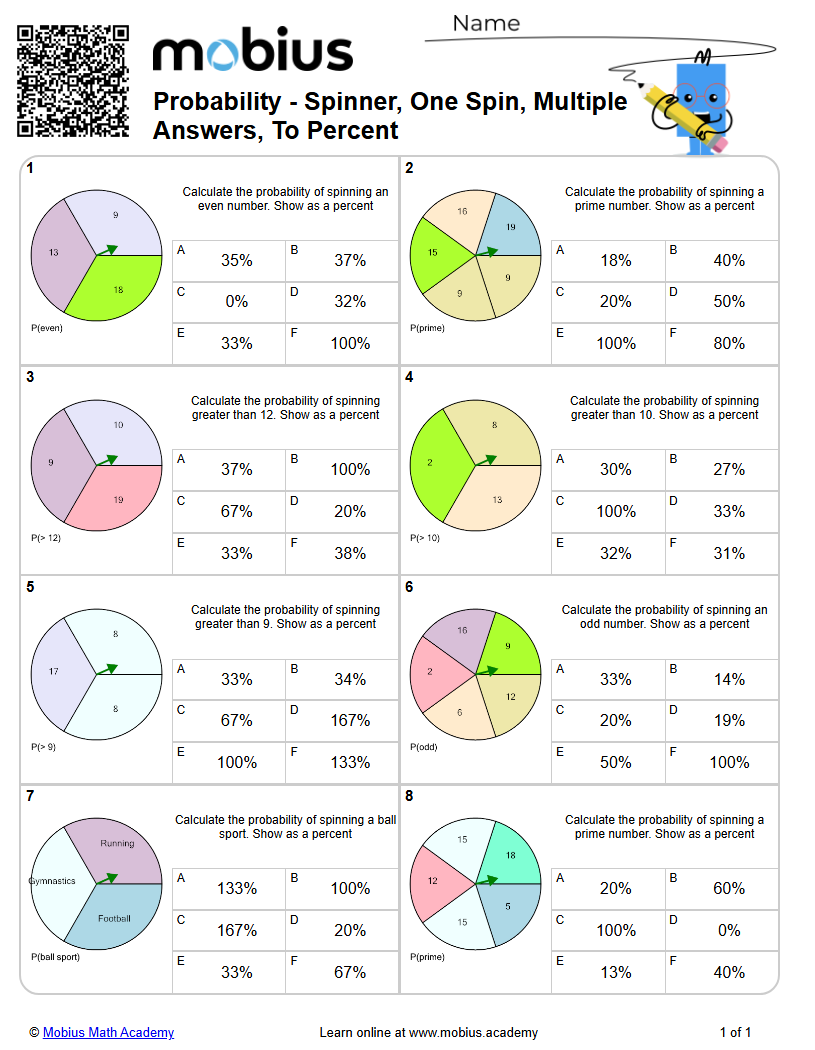 Spinner, One Spin, Multiple Answers, To Percent (Level 1) | Probability ...