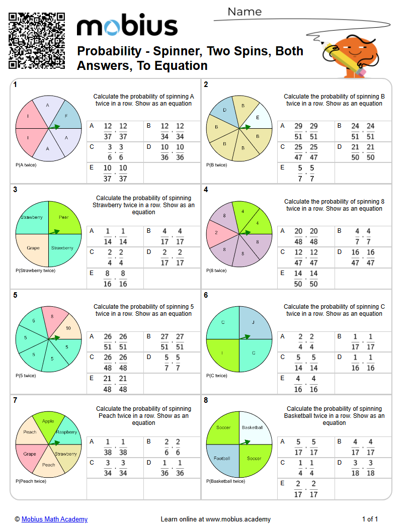 Probability - Spinner, Two Spins, Both Answers, To Equation (Level 2 ...