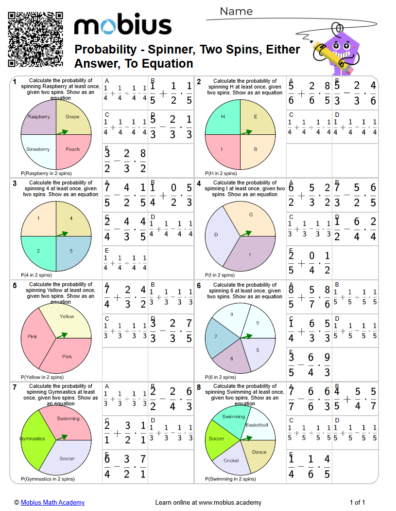 Spinner, Two Spins, Either Answer, To Equation (Level 1) | Probability ...