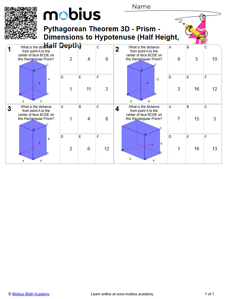 Pythagorean Theorem 3D - Prism - Dimensions to Hypotenuse (Half Height ...