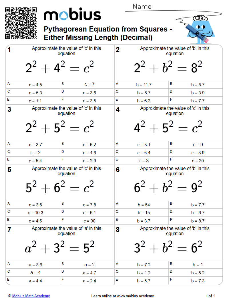Pythagorean Equation from Squares - Either Missing Length (Decimal ...