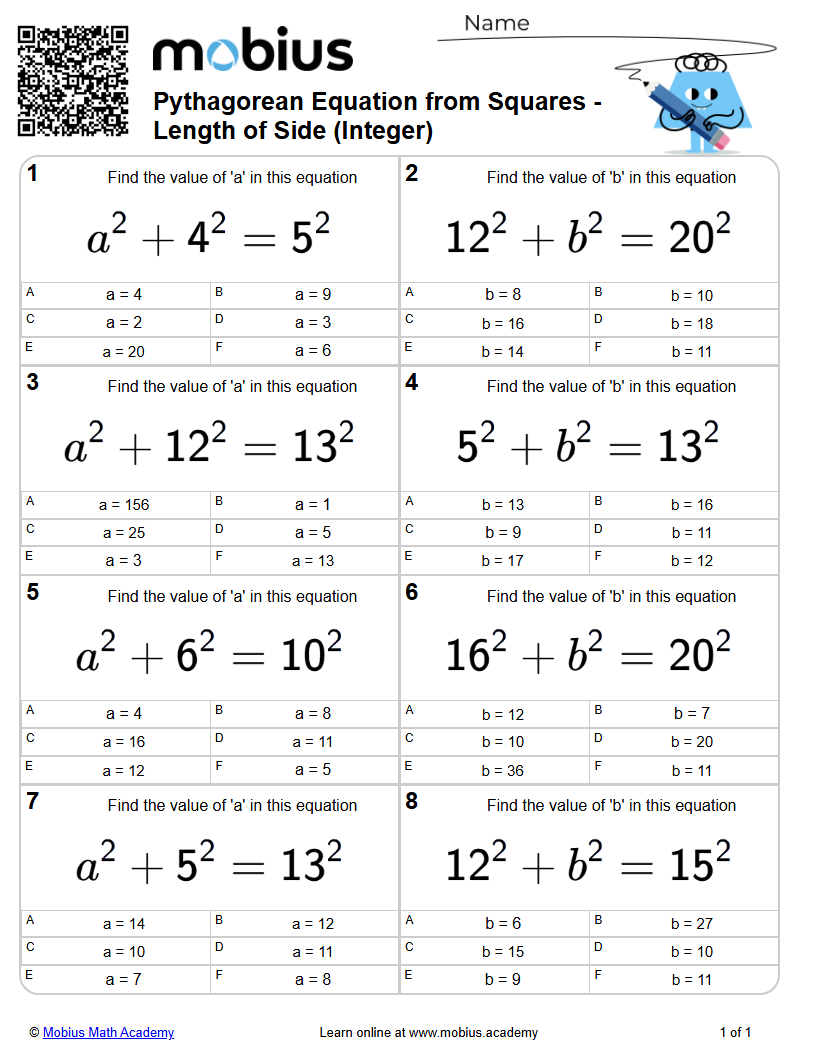 Pythagorean Equation from Squares - Length of Side (Integer) (Level 2 ...