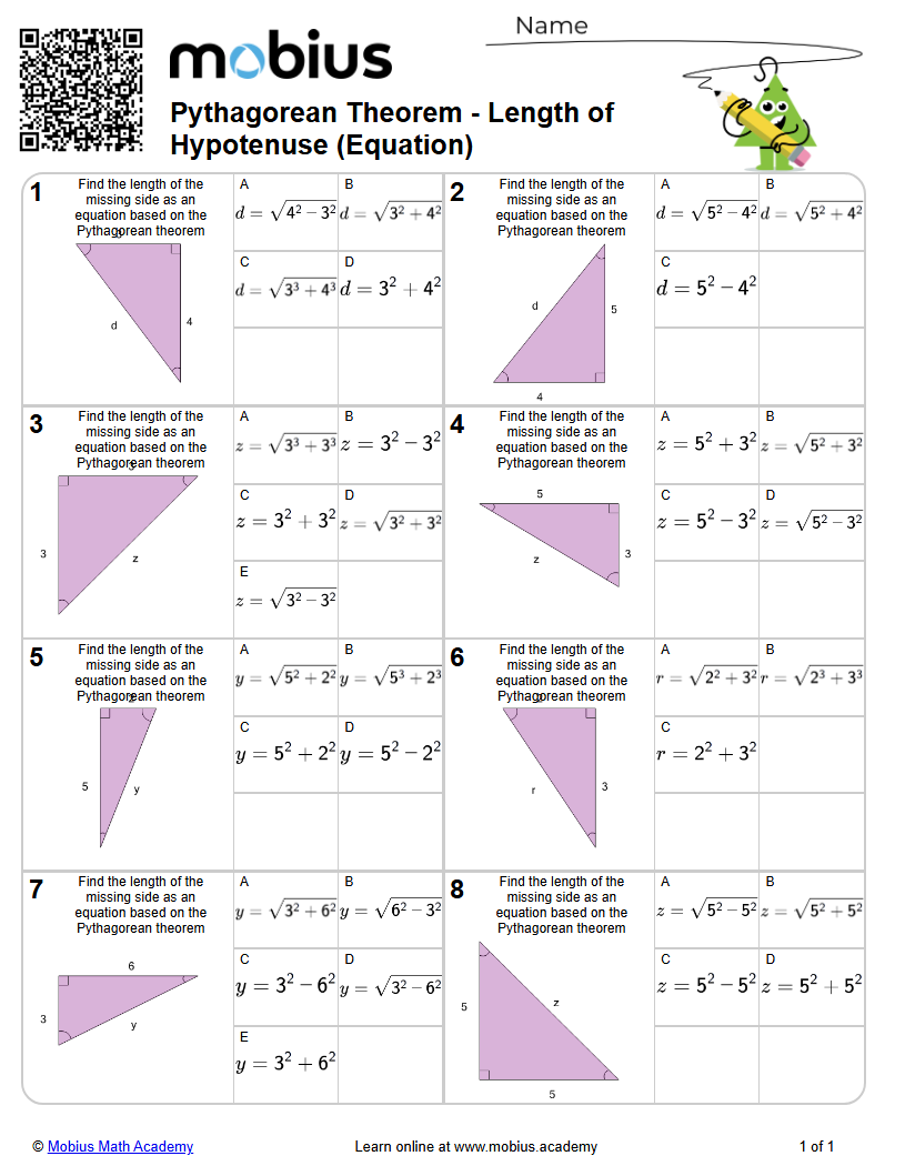 Pythagorean Theorem - Length of Hypotenuse (Equation) (Level 1 ...