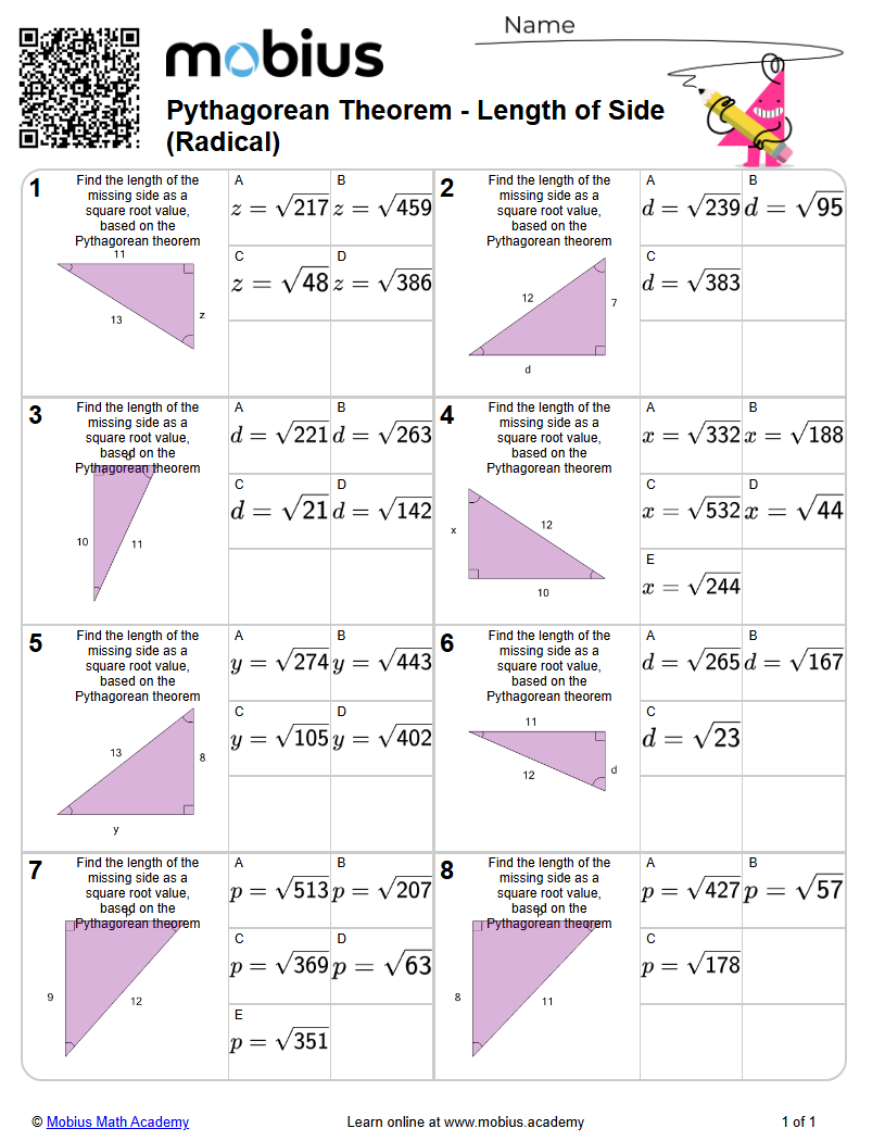 Pythagorean Theorem - Length of Side (Radical) (Level 2) - Mobius Math ...